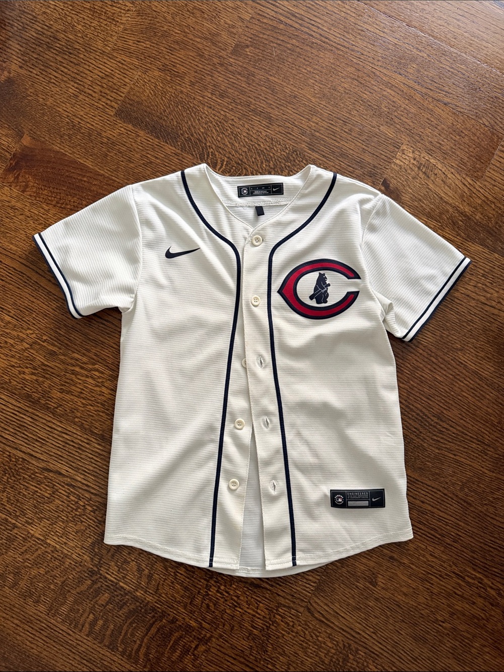 Nike Kids Cream Cubs Baseball Jersey with Red & Navy Logo